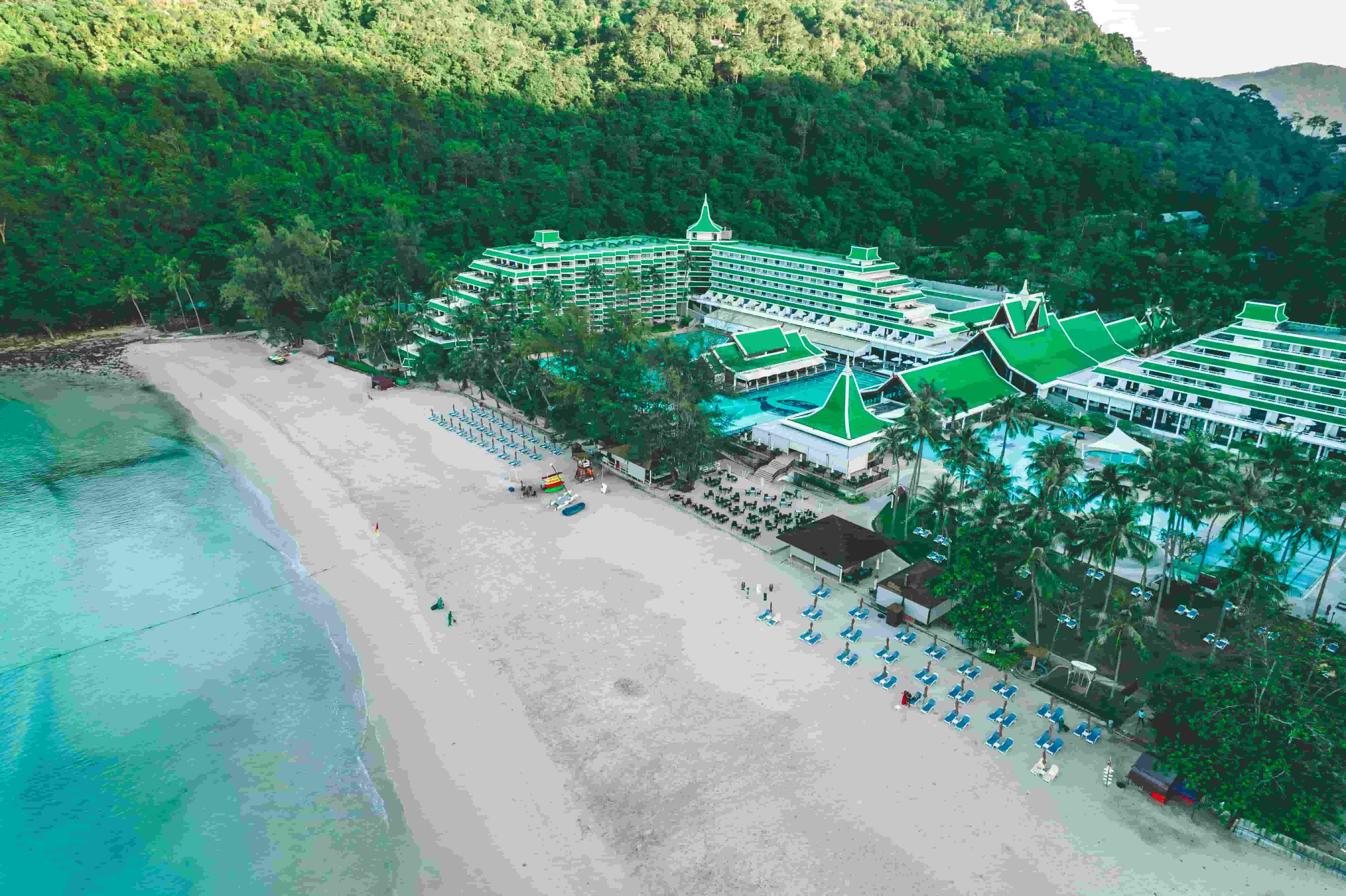 Aerial view of resort surrounded by mountains